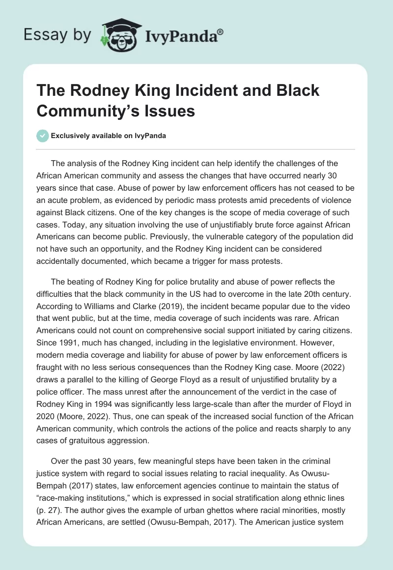 The Rodney King Incident and Black Community’s Issues. Page 1