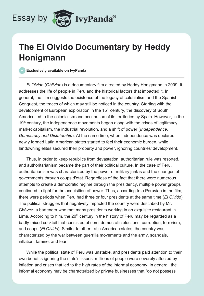 The "El Olvido" Documentary by Heddy Honigmann. Page 1