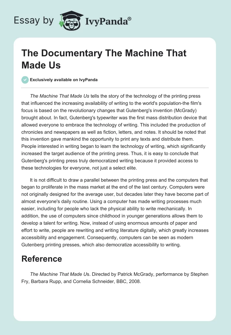 The Documentary "The Machine That Made Us". Page 1