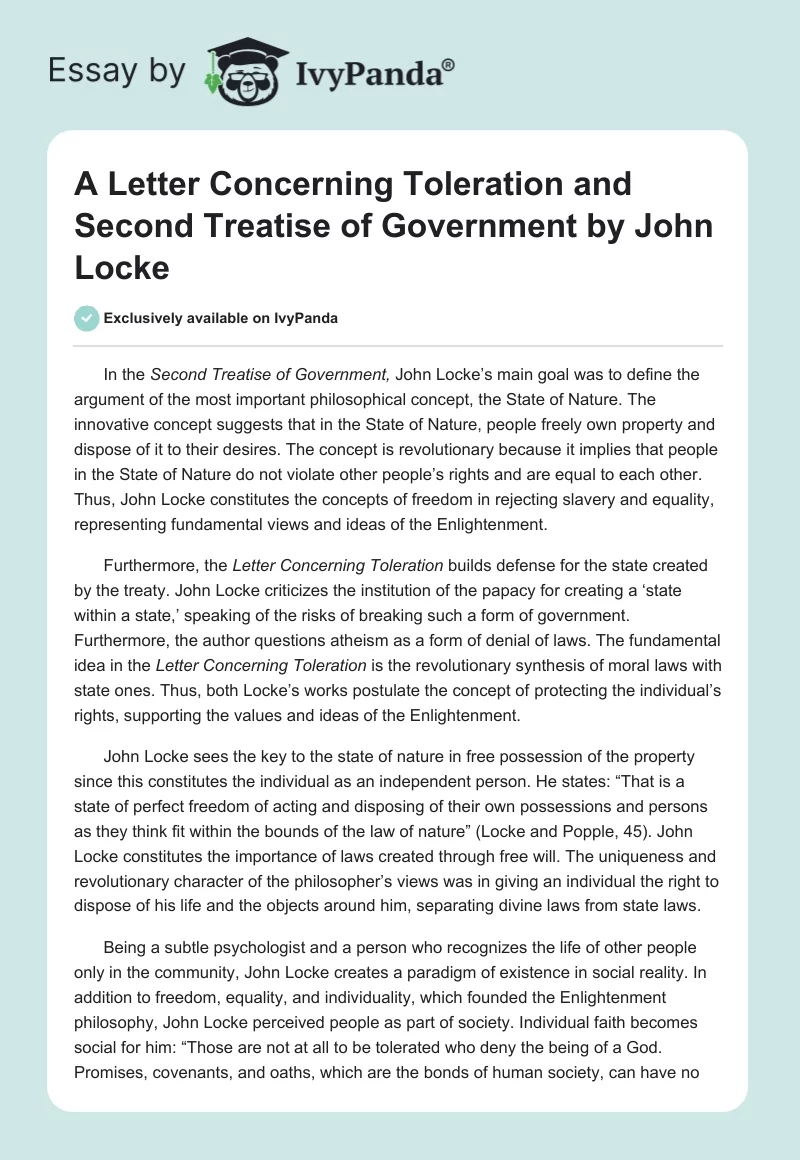 "A Letter Concerning Toleration" and "Second Treatise of Government" by John Locke. Page 1