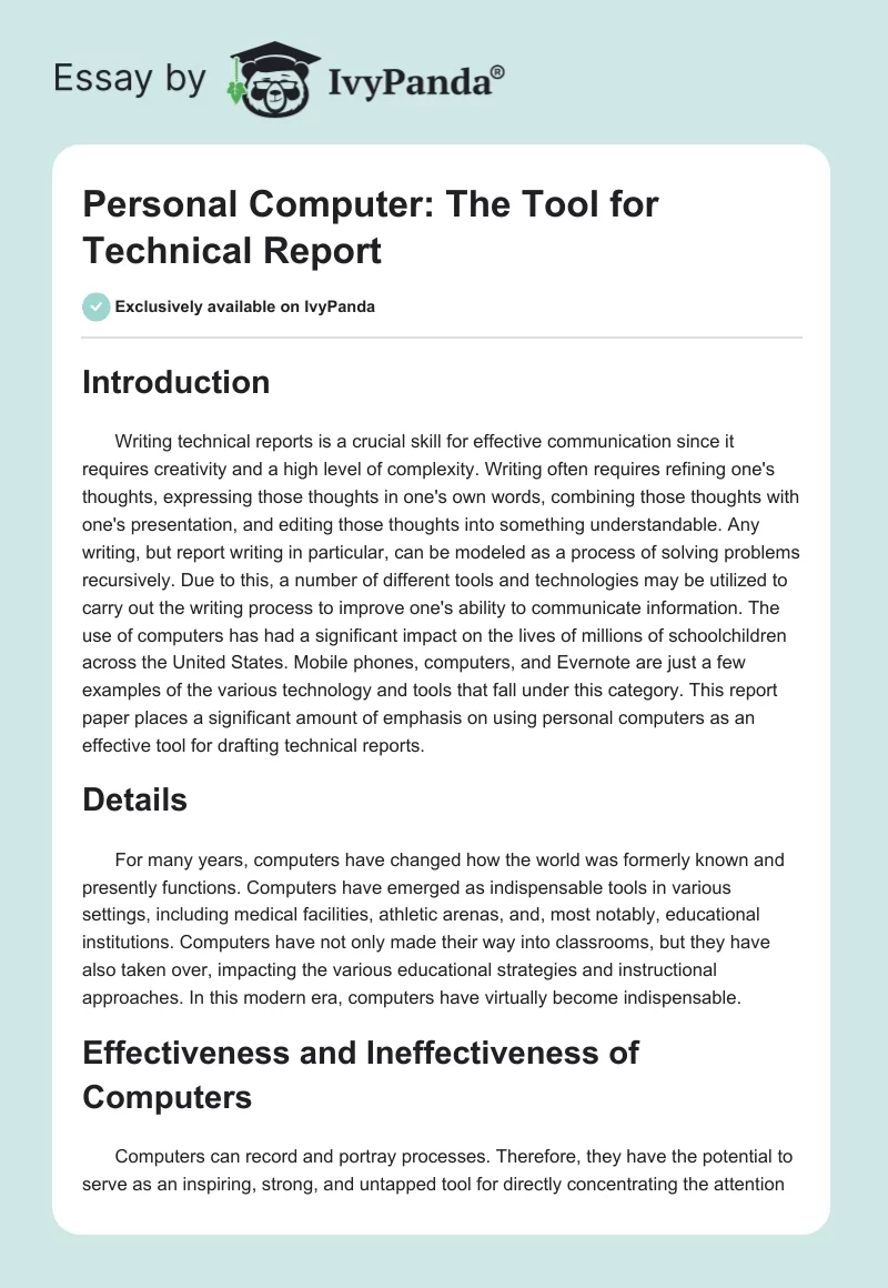 Personal Computer: The Tool for Technical Report. Page 1