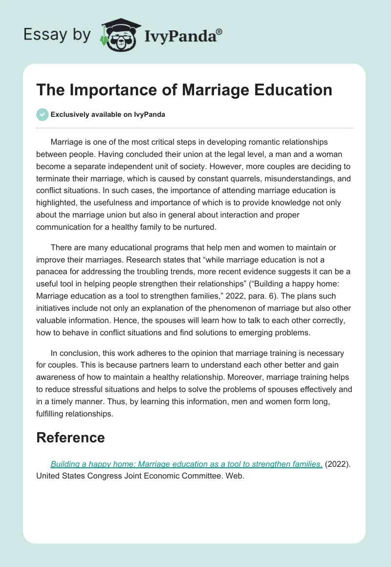 The Importance of Marriage Education. Page 1