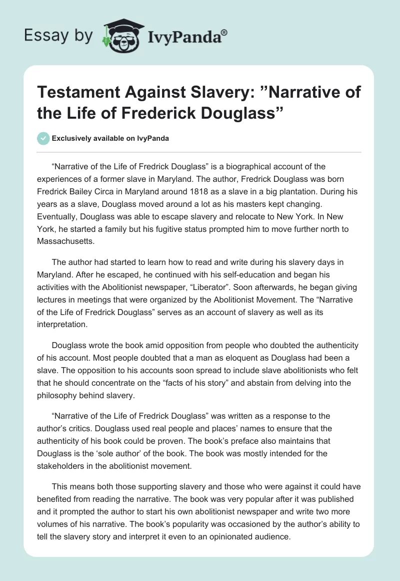 Testament Against Slavery: ”Narrative of the Life of Frederick Douglass”. Page 1
