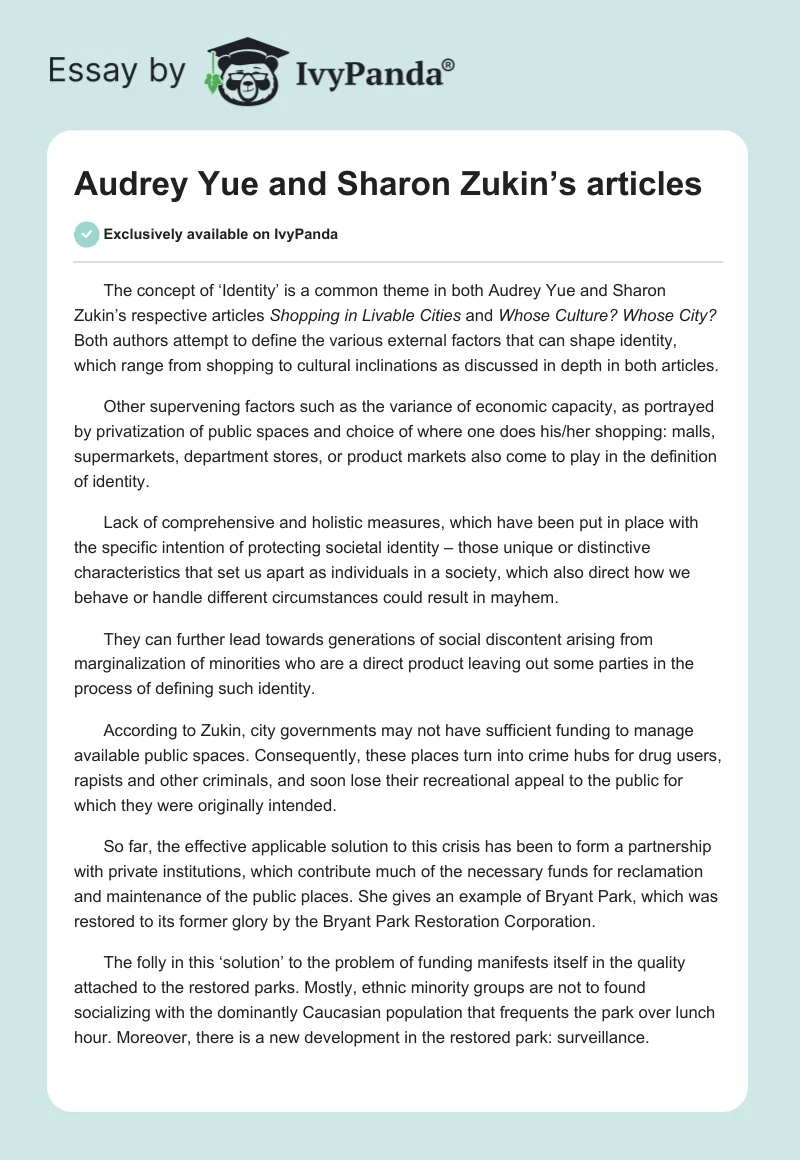 Audrey Yue and Sharon Zukin’s articles. Page 1