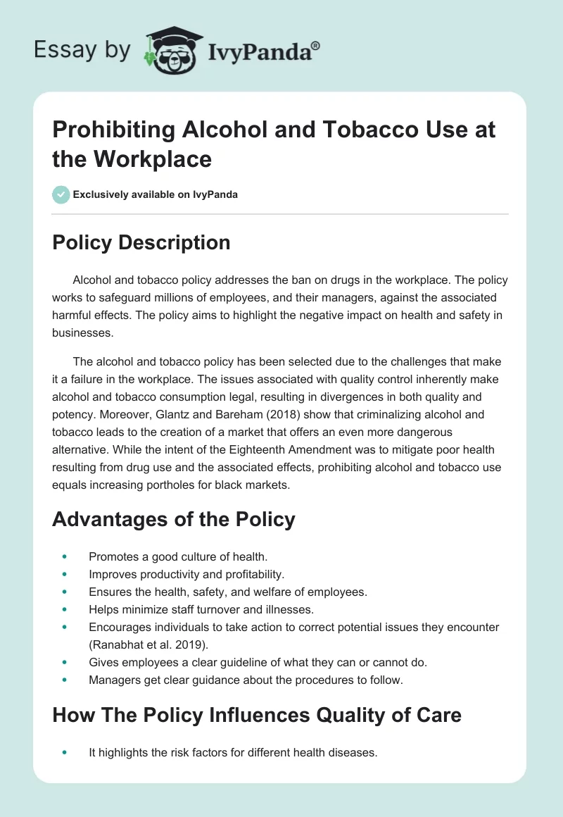 Prohibiting Alcohol and Tobacco Use at the Workplace. Page 1
