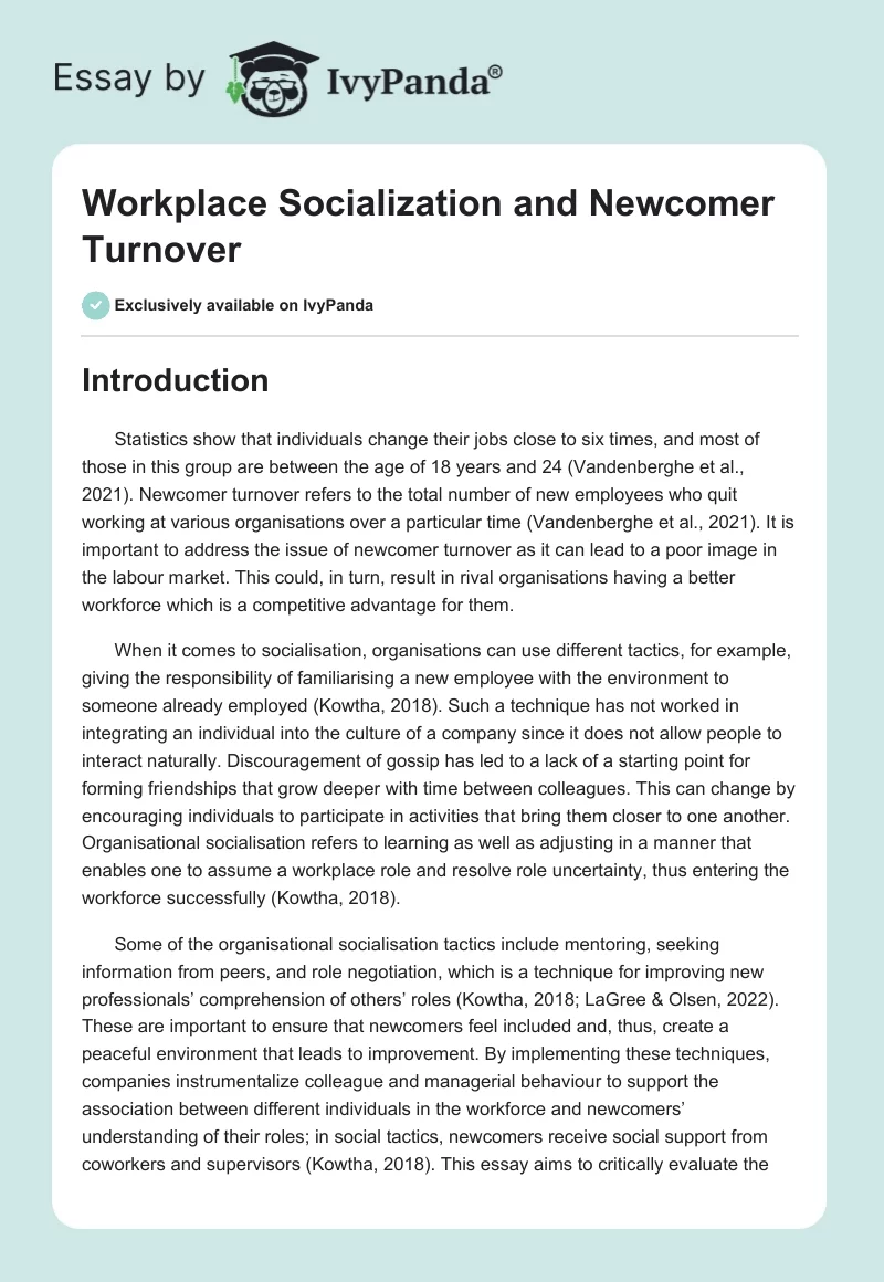 Workplace Socialization and Newcomer Turnover. Page 1