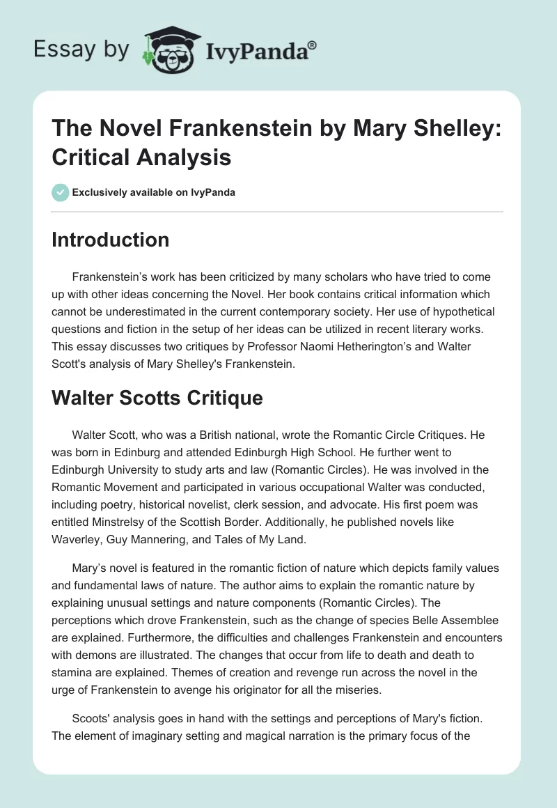 The Novel "Frankenstein" by Mary Shelley: Critical Analysis. Page 1