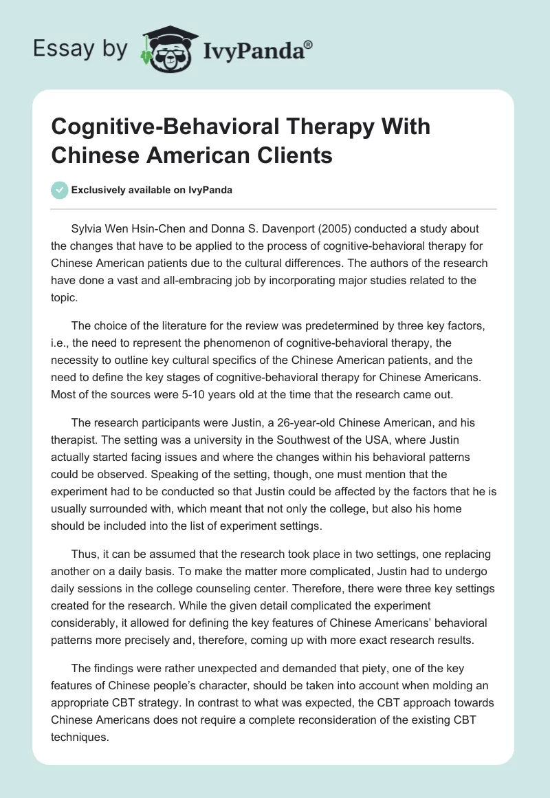Cognitive-Behavioral Therapy With Chinese American Clients. Page 1