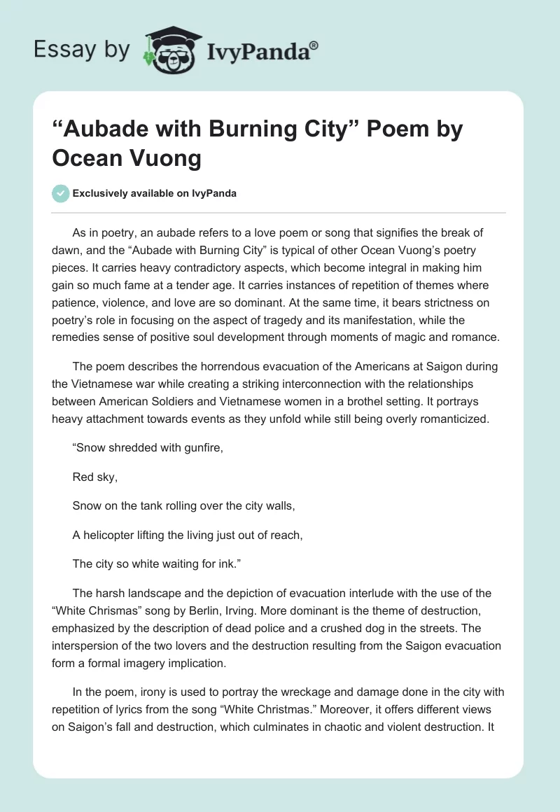 “Aubade with Burning City” Poem by Ocean Vuong. Page 1
