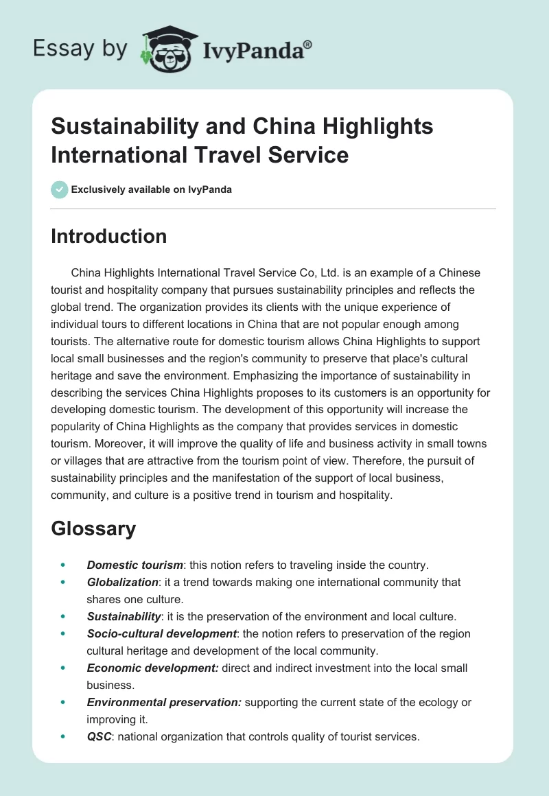 Sustainability and China Highlights International Travel Service. Page 1