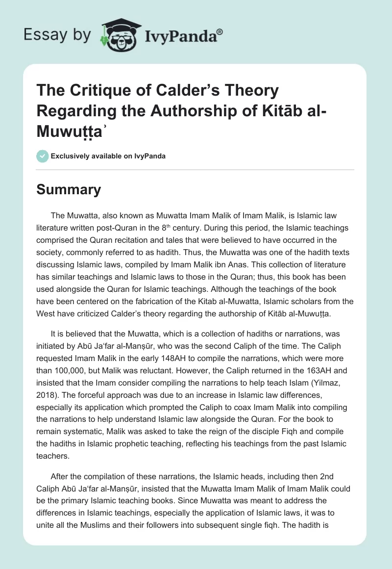 The Critique of Calder’s Theory Regarding the Authorship of Kitāb al-Muwuṭṭaʾ. Page 1