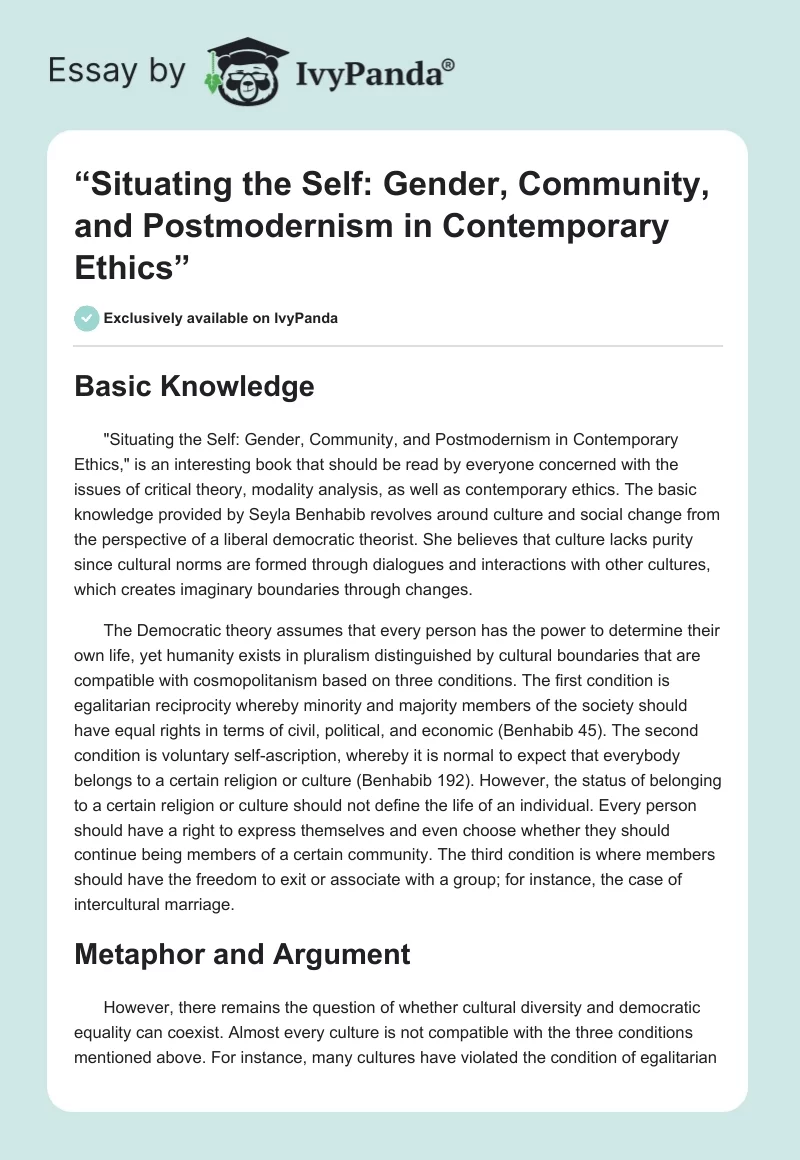 “Situating the Self: Gender, Community, and Postmodernism in Contemporary Ethics”. Page 1