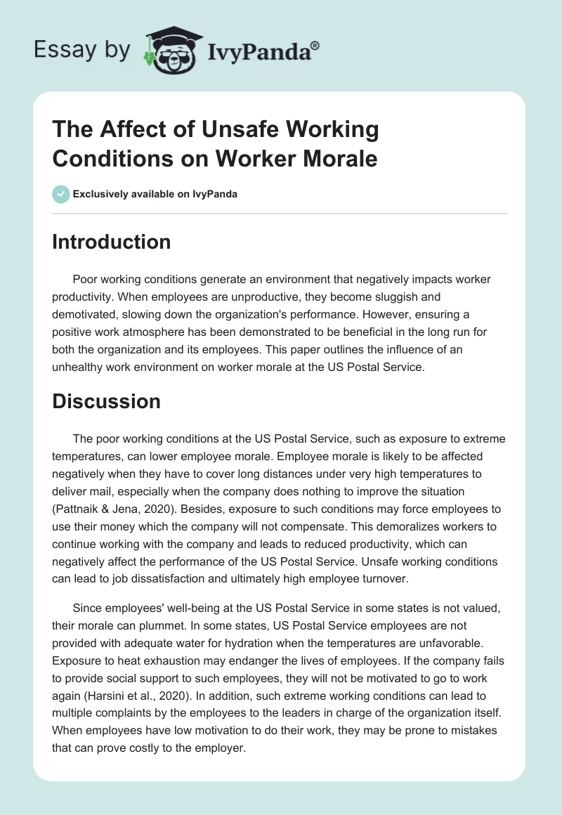 The Affect of Unsafe Working Conditions on Worker Morale. Page 1