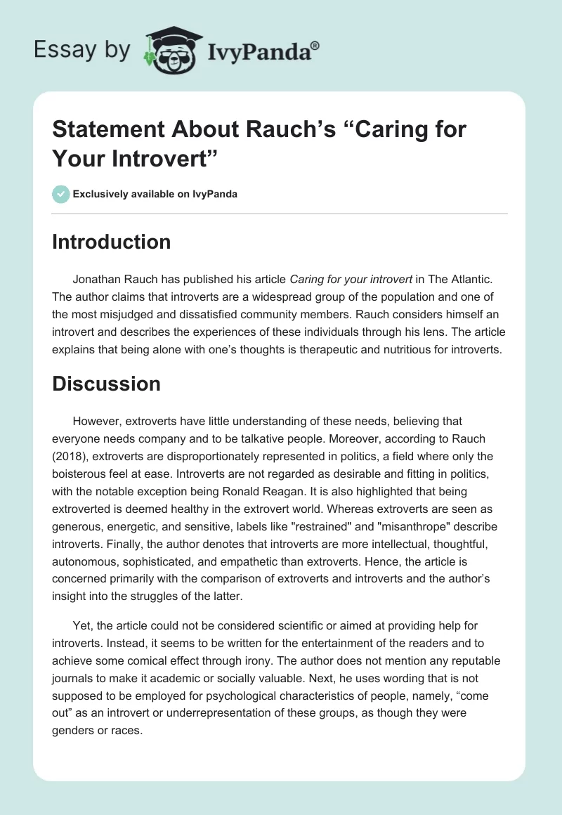 Statement About Rauch’s “Caring for Your Introvert”. Page 1