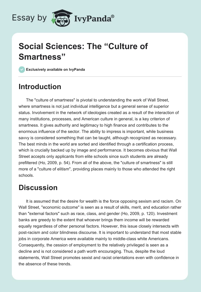 Social Sciences: The “Culture of Smartness”. Page 1