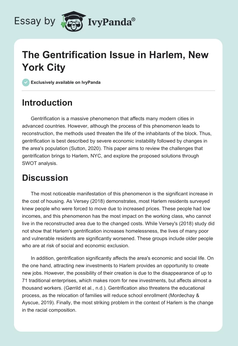 The Gentrification Issue in Harlem, New York City. Page 1