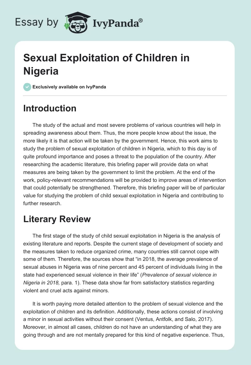 Sexual Exploitation of Children in Nigeria. Page 1