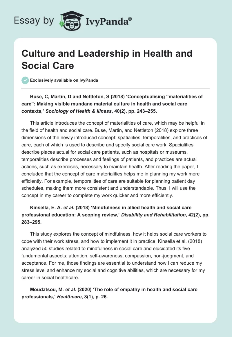 Culture and Leadership in Health and Social Care. Page 1