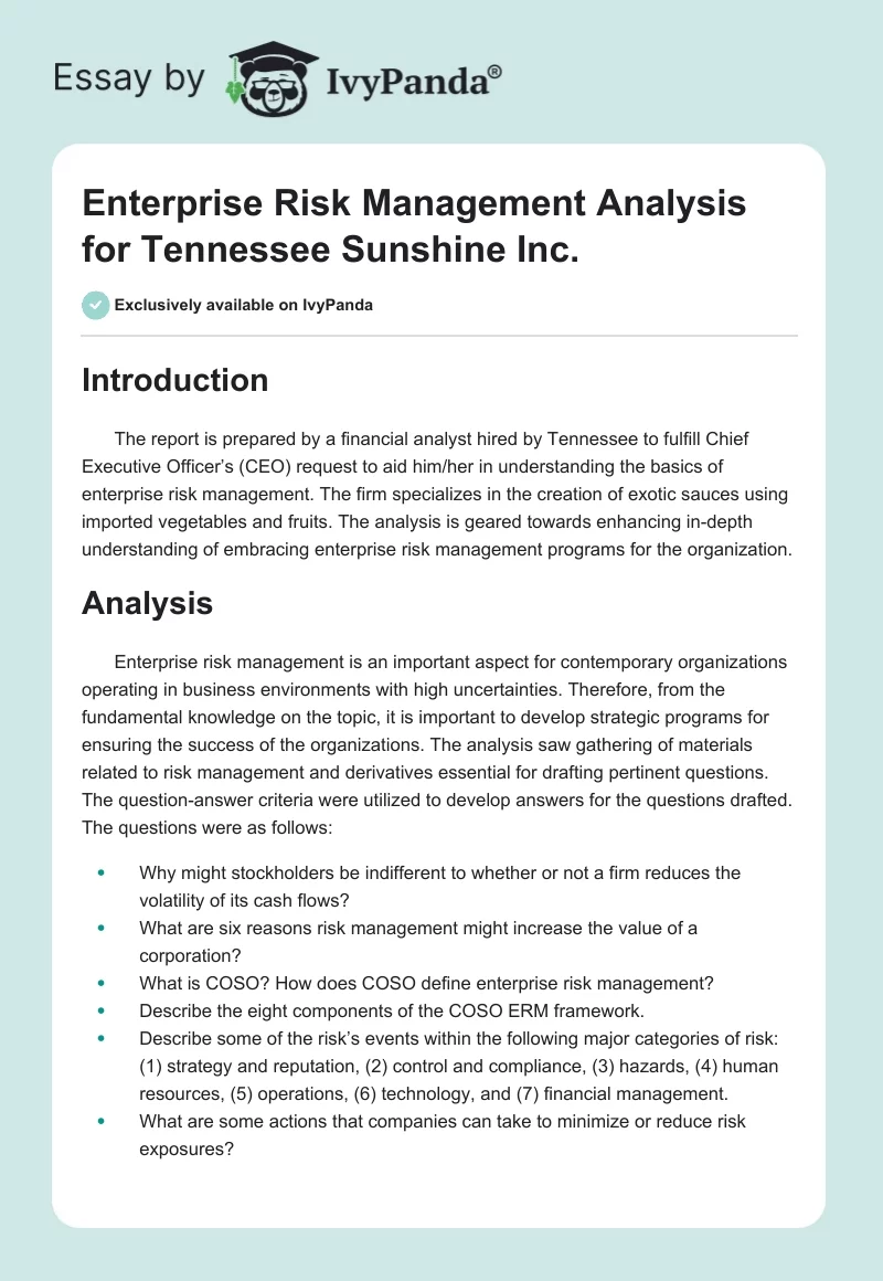 Enterprise Risk Management Analysis for Tennessee Sunshine Inc.. Page 1