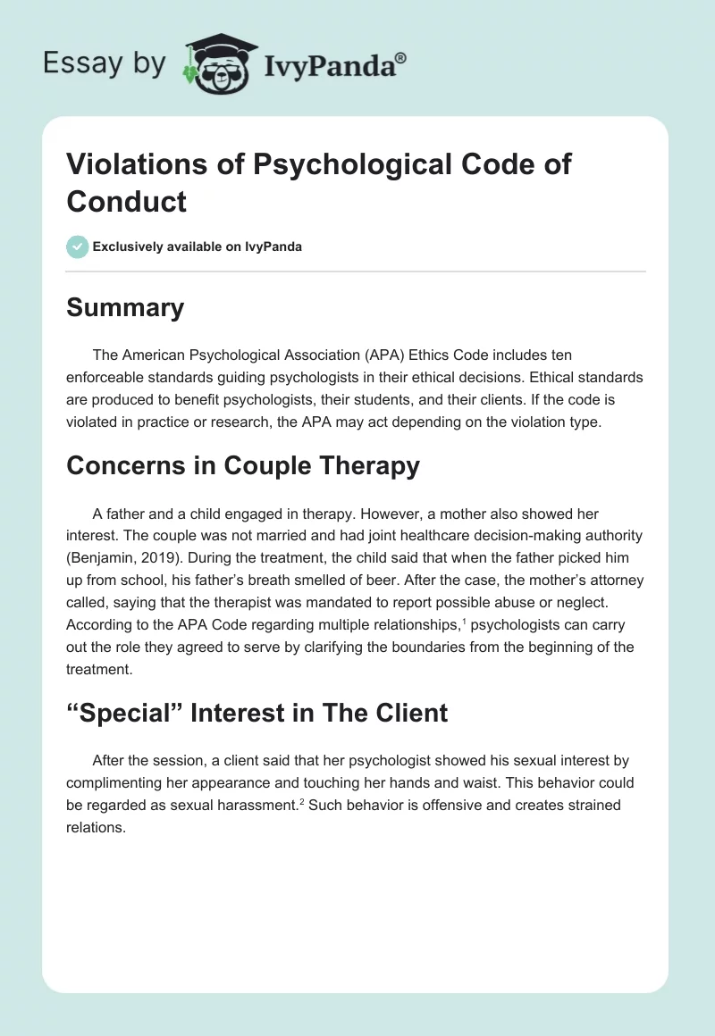 Violations of Psychological Code of Conduct. Page 1