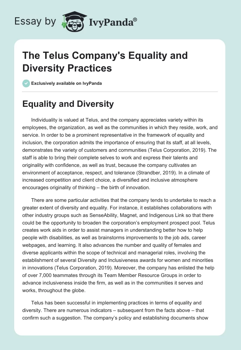 The Telus Company's Equality and Diversity Practices. Page 1