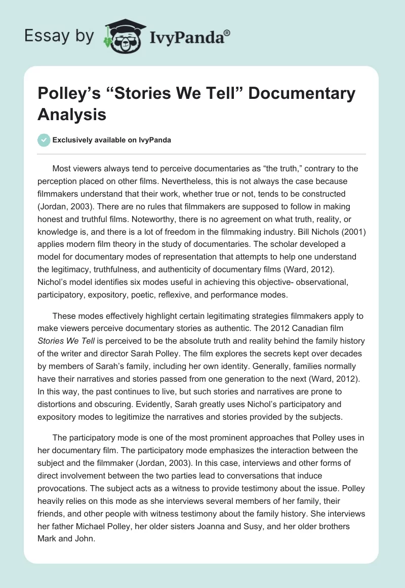 Polley’s “Stories We Tell” Documentary Analysis. Page 1