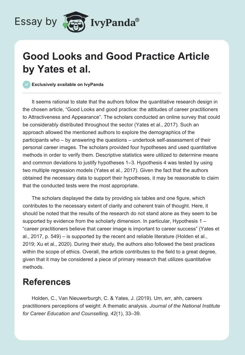 "Good Looks and Good Practice" Article by Yates et al.. Page 1