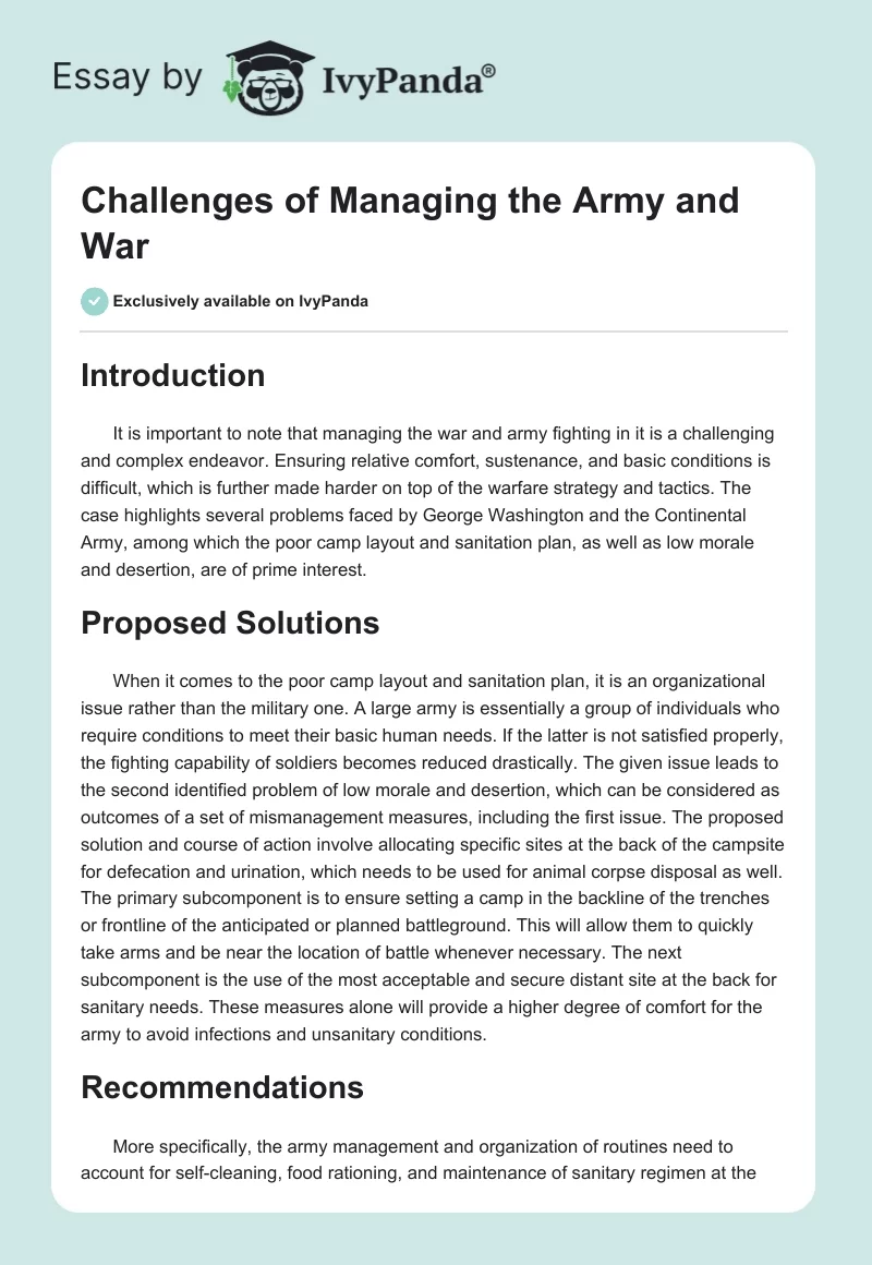 Challenges of Managing the Army and War. Page 1