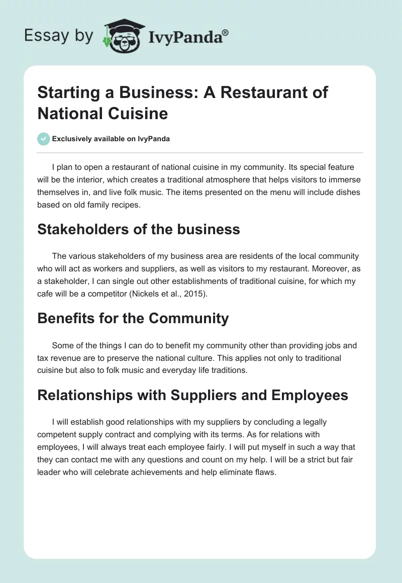 Starting a Business: A Restaurant of National Cuisine. Page 1