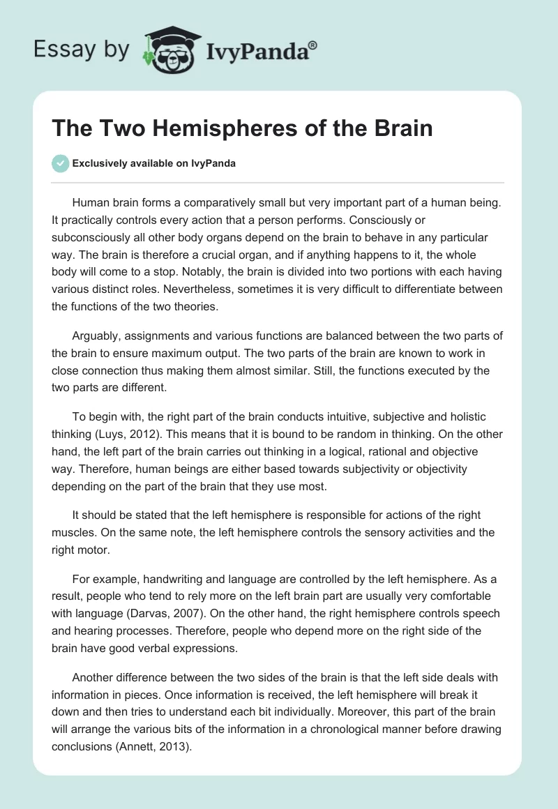 The Two Hemispheres of the Brain. Page 1
