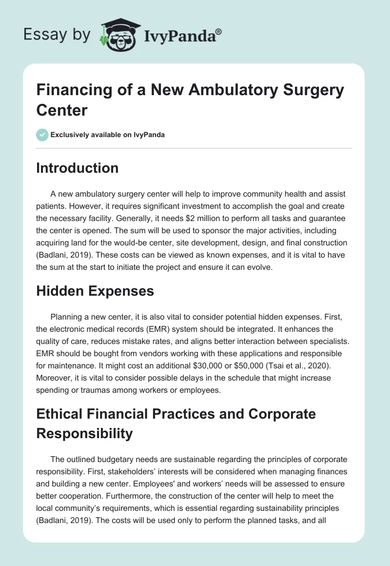 Financing of a New Ambulatory Surgery Center. Page 1