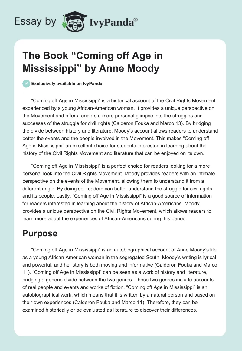 The Book​ “Coming off Age in Mississippi” by Anne Moody. Page 1