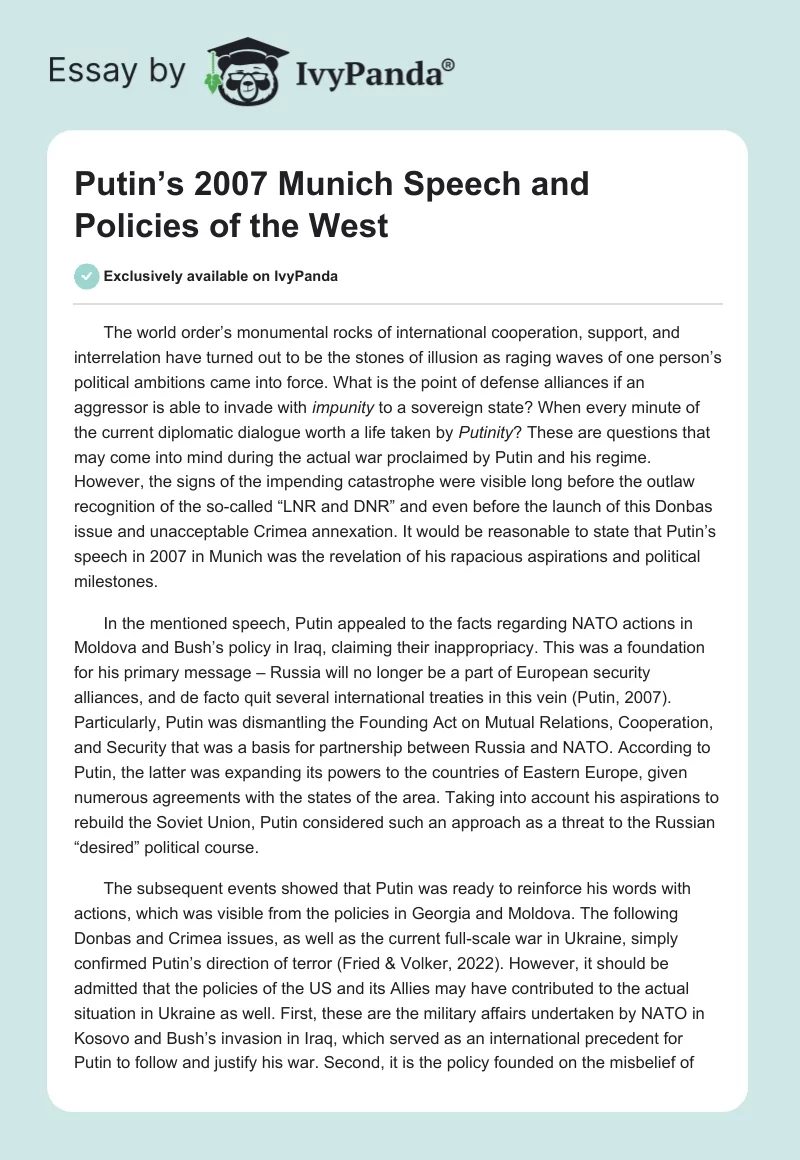 Putin’s 2007 Munich Speech and Policies of the West. Page 1