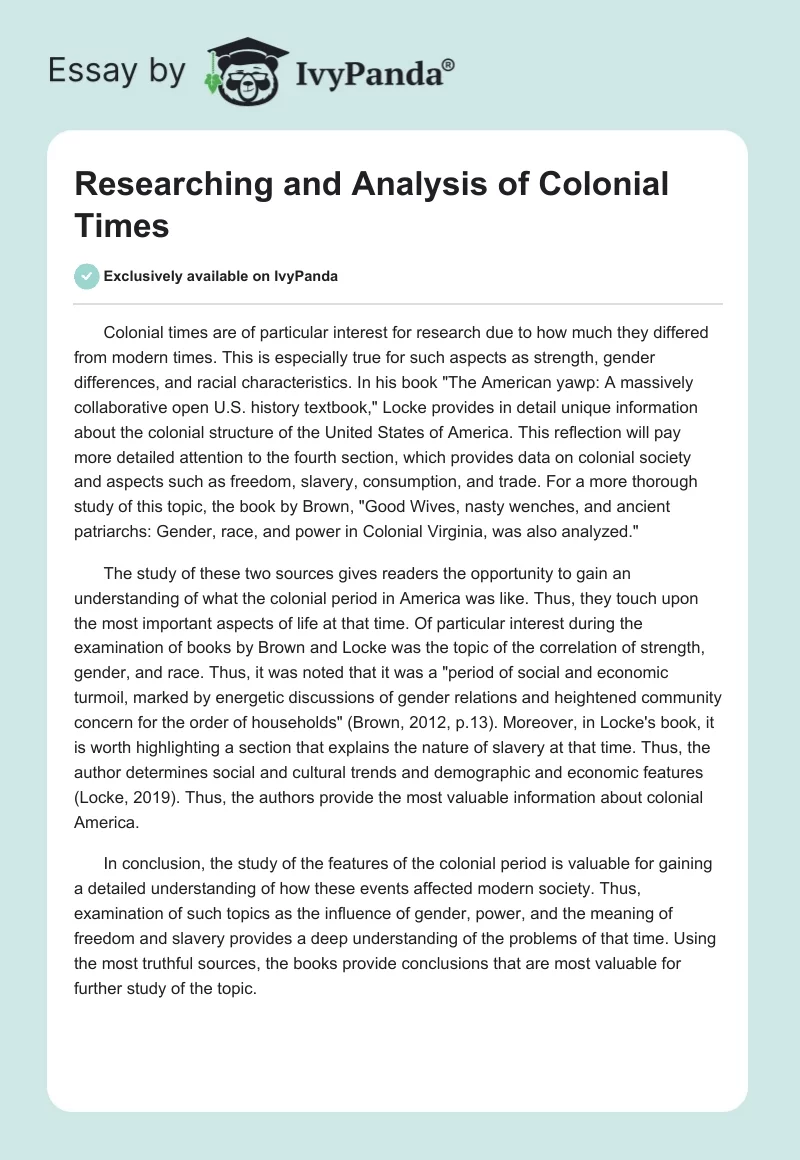 Researching and Analysis of Colonial Times. Page 1