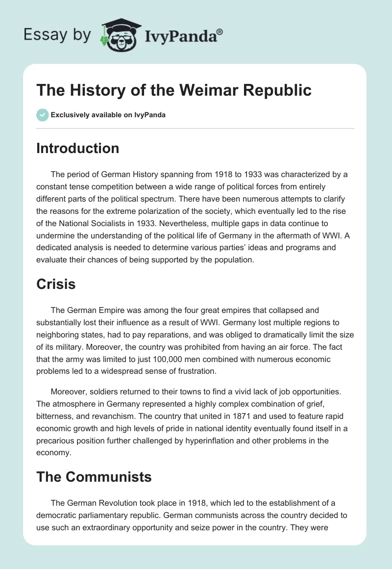 The History of the Weimar Republic. Page 1