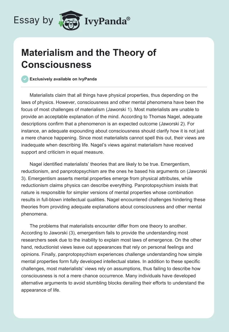Materialism and the Theory of Consciousness. Page 1
