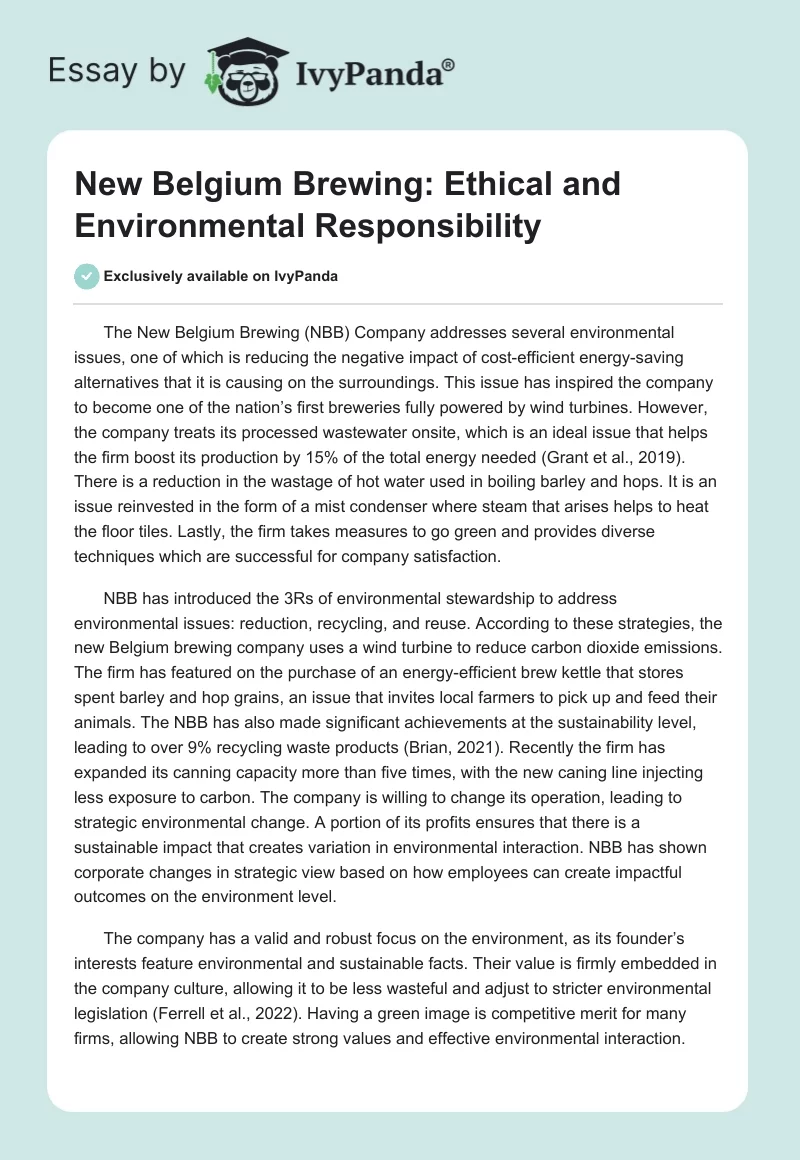 New Belgium Brewing: Ethical and Environmental Responsibility. Page 1