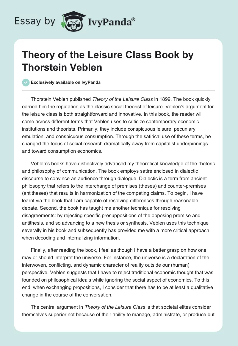 "Theory of the Leisure Class" Book by Thorstein Veblen. Page 1