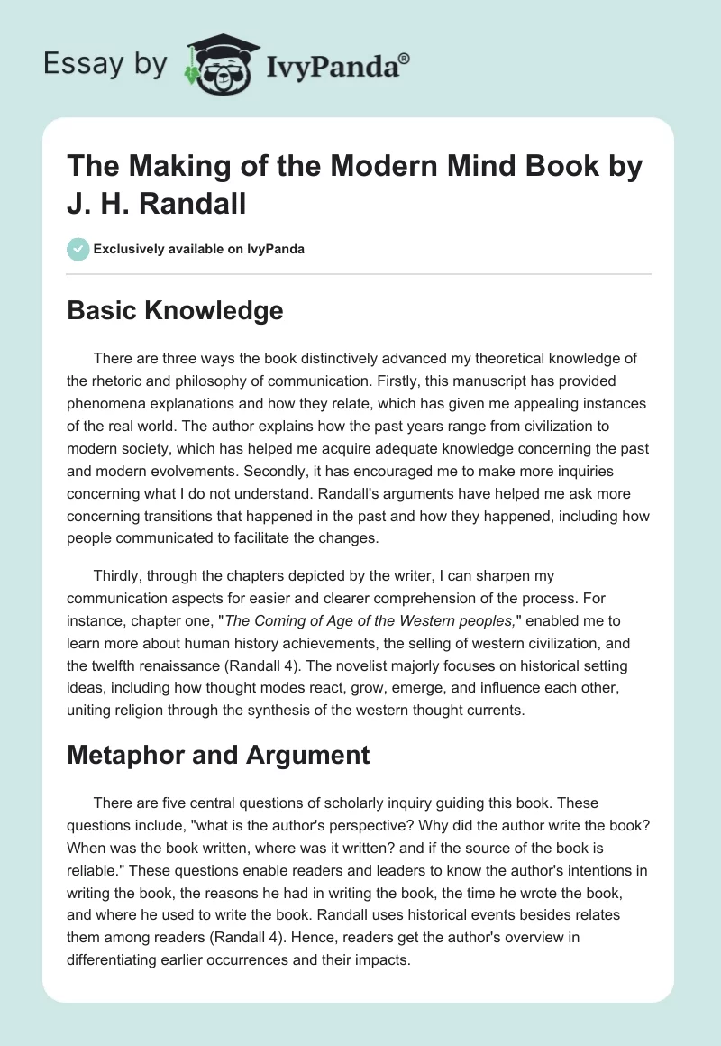 "The Making of the Modern Mind" Book by J. H. Randall. Page 1
