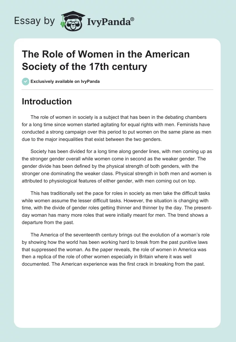 The Role of Women in the American Society of the 17th Century. Page 1