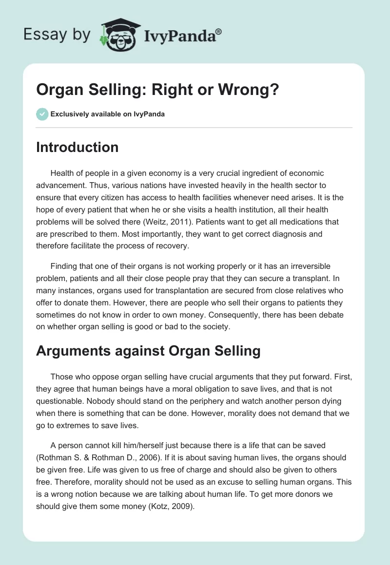 Organ Selling: Right or Wrong?. Page 1
