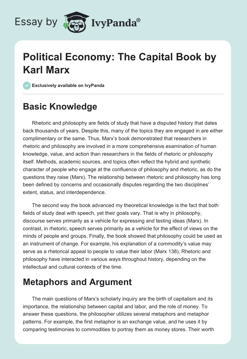 Political Economy: The "Capital" Book by Karl Marx. Page 1
