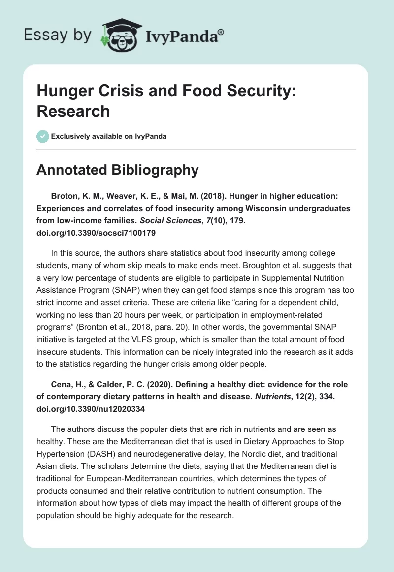 Hunger Crisis and Food Security: Research. Page 1