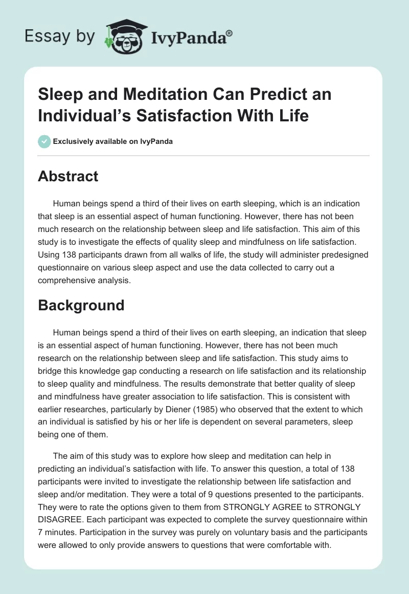 Sleep and Meditation Can Predict an Individual’s Satisfaction With Life. Page 1