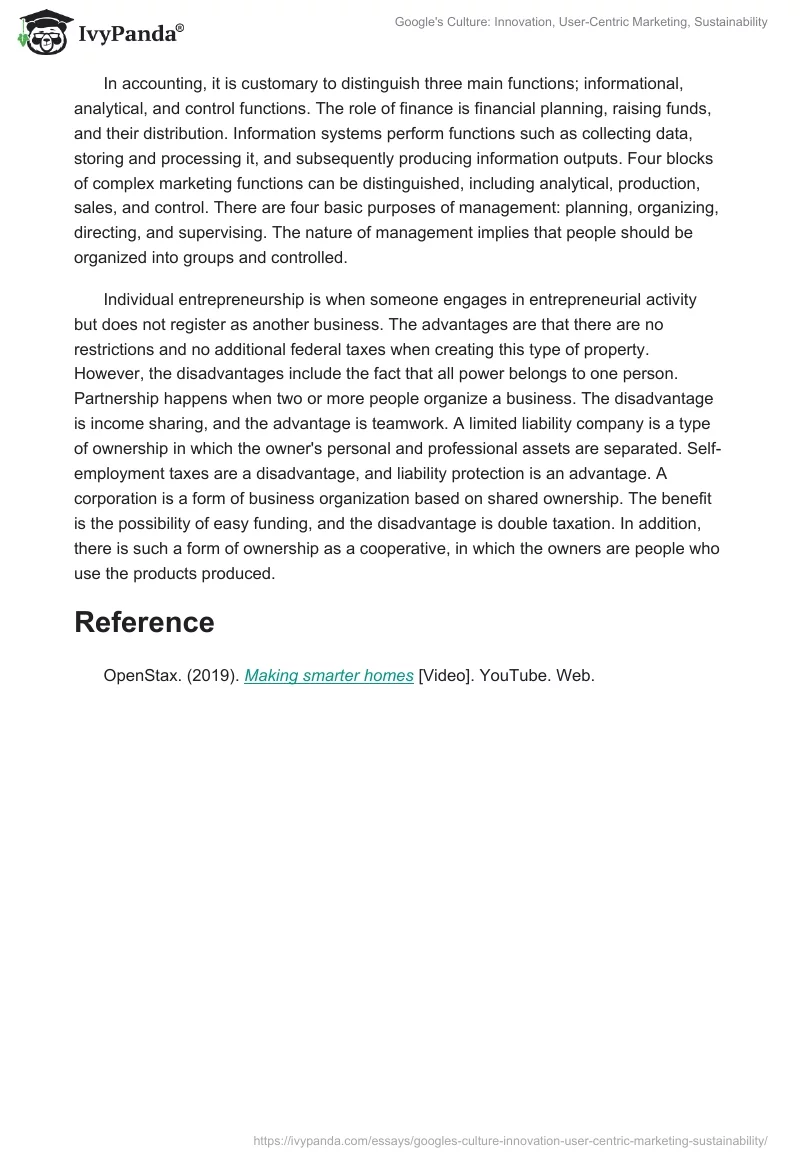 Google's Culture: Innovation, User-Centric Marketing, Sustainability. Page 2