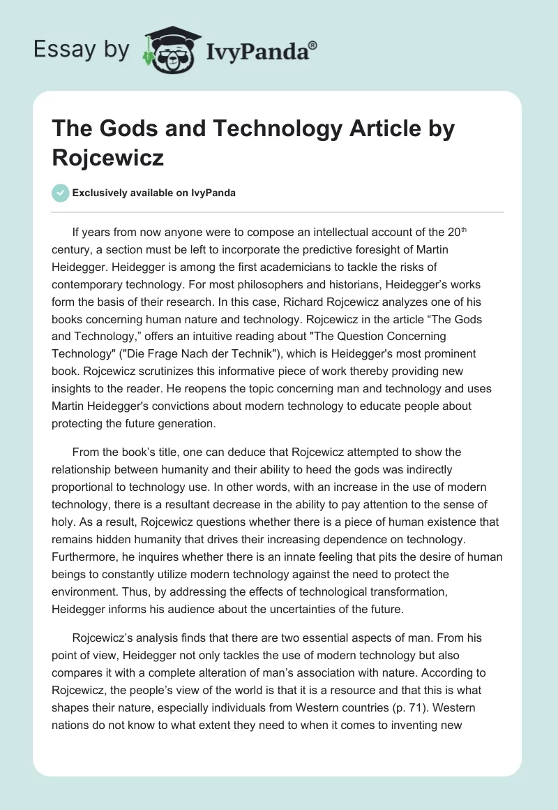 "The Gods and Technology" Article by Rojcewicz. Page 1