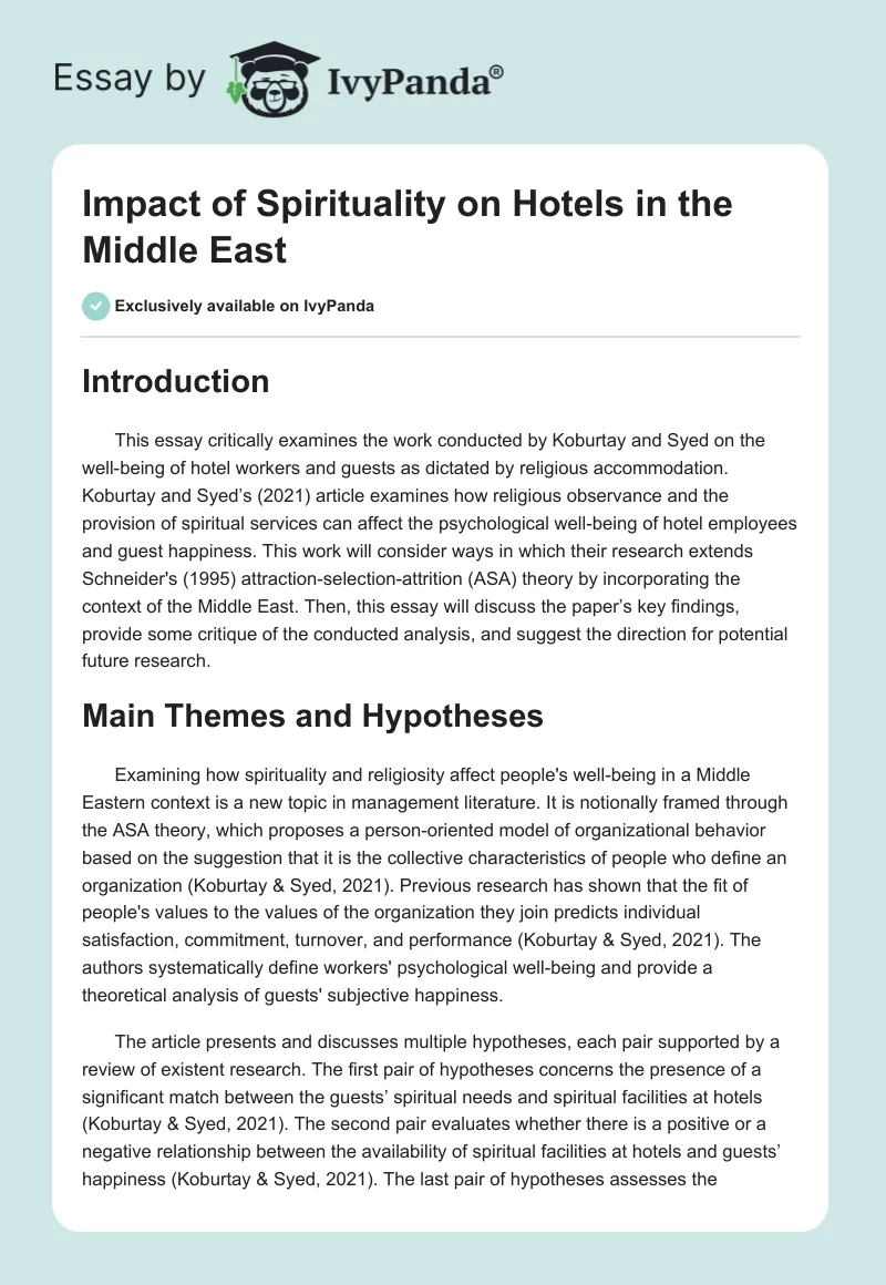 Impact of Spirituality on Hotels in the Middle East. Page 1