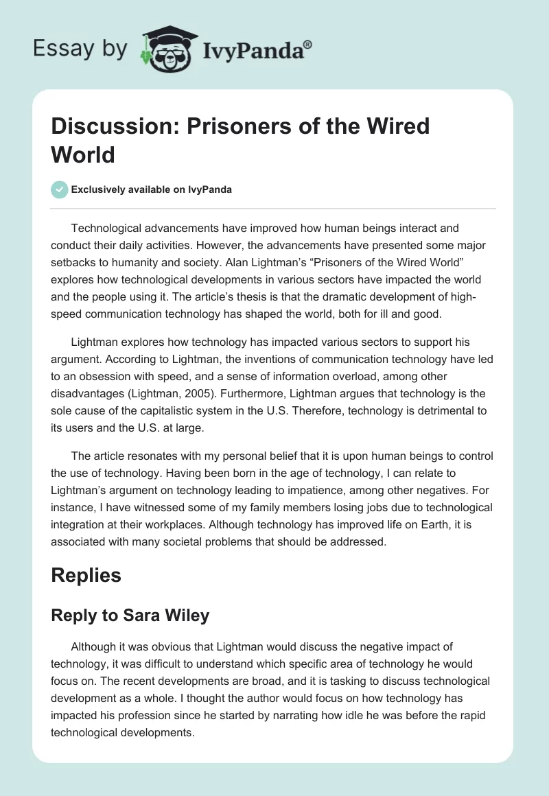 Discussion: "Prisoners of the Wired World". Page 1