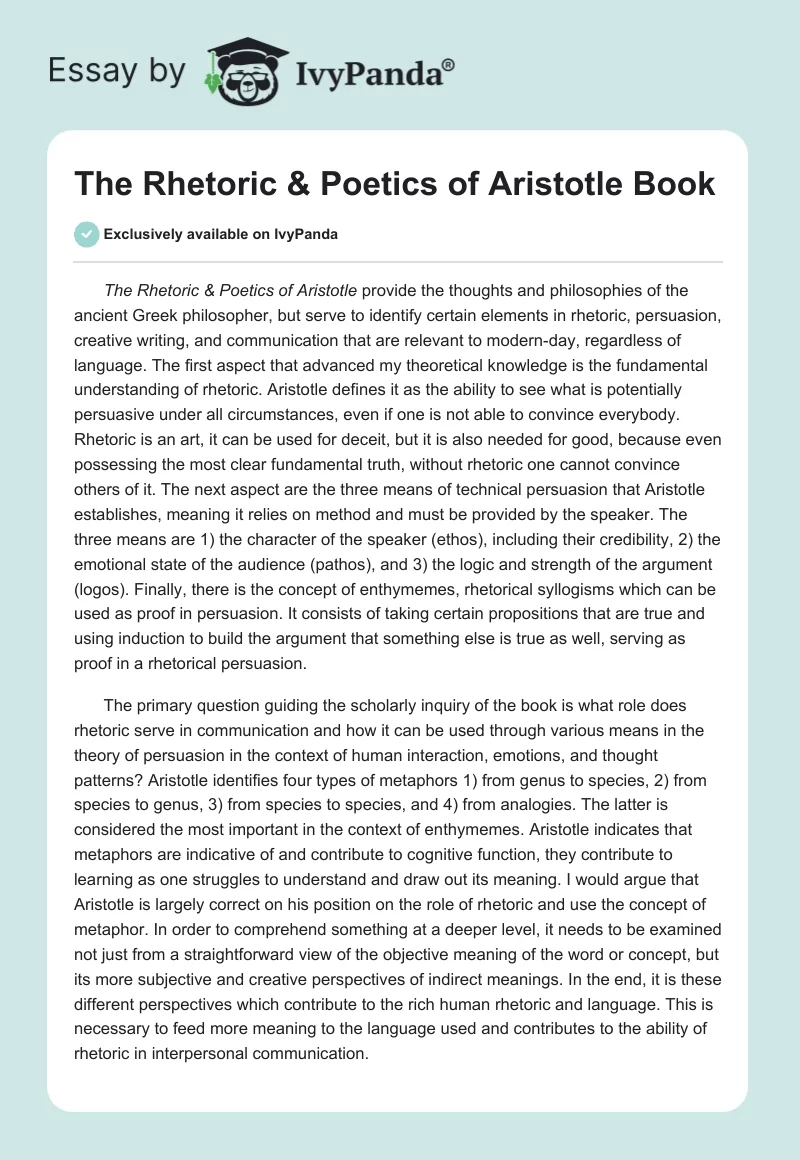 "The Rhetoric & Poetics of Aristotle" Book. Page 1