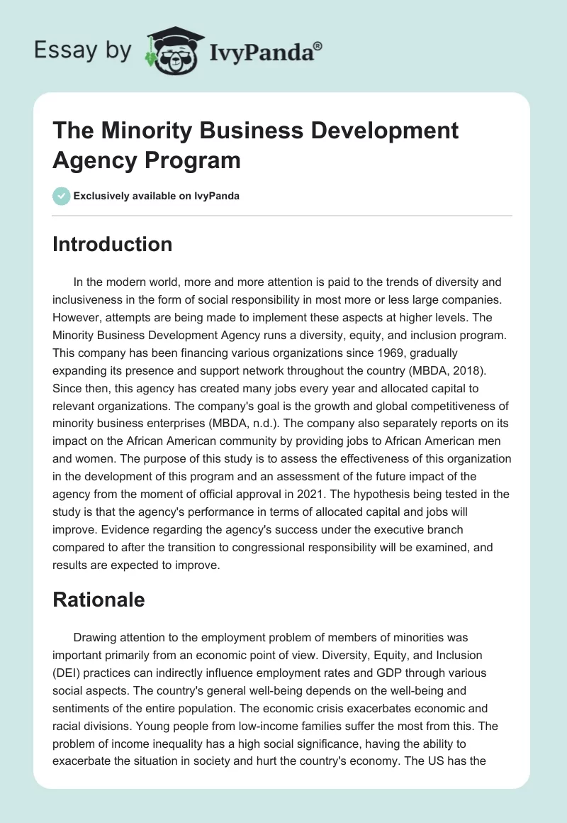 The Minority Business Development Agency Program. Page 1